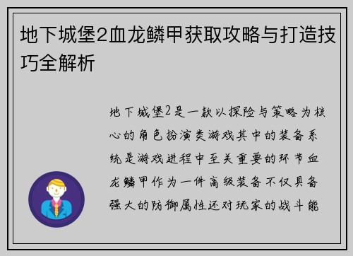 地下城堡2血龙鳞甲获取攻略与打造技巧全解析